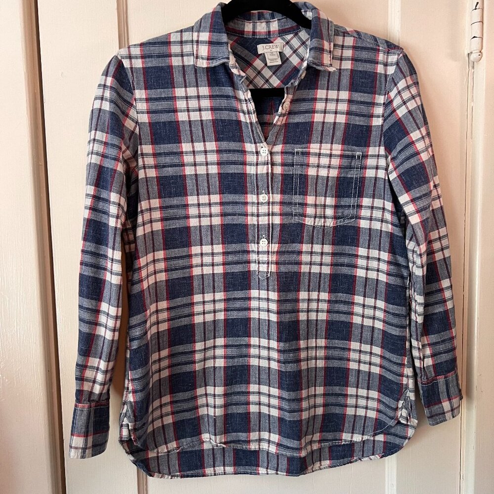 Ladies J Crew Long Sleeved Pull Over Shirt‎ Size XS Petite LIghtweight Plaid